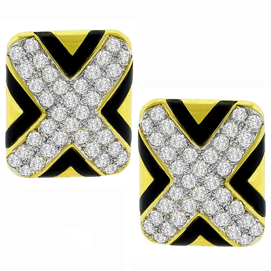 Estate 1960s 1.80ct Round Cut Diamond Onyx 18k Yellow Gold "X" Shield Earrings