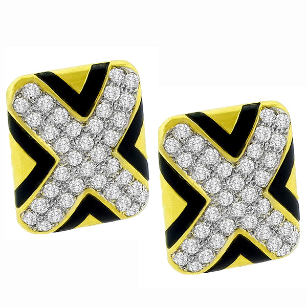 Estate 1960s 1.80ct Round Cut Diamond Onyx 18k Yellow Gold "X" Shield Earrings