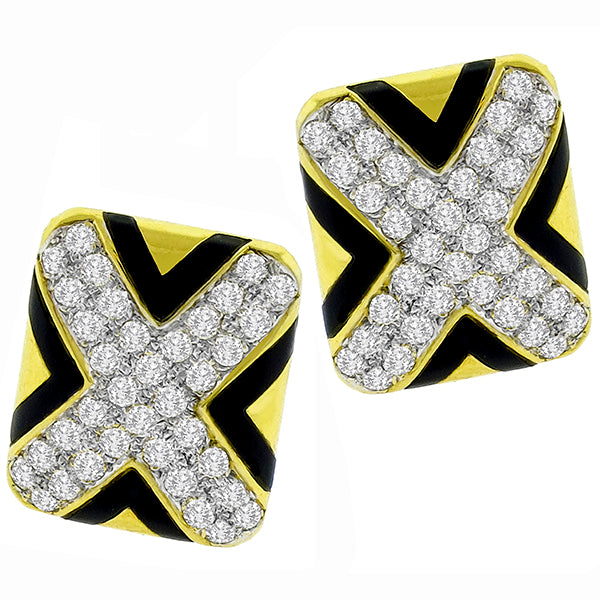 Estate 1960s 1.80ct Round Cut Diamond Onyx 18k Yellow Gold "X" Shield Earrings