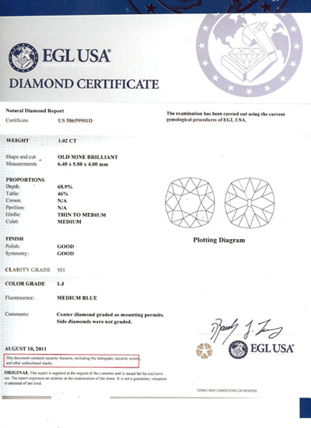 1.02ct Old Mine Cut Diamond Platinum Engagement Ring