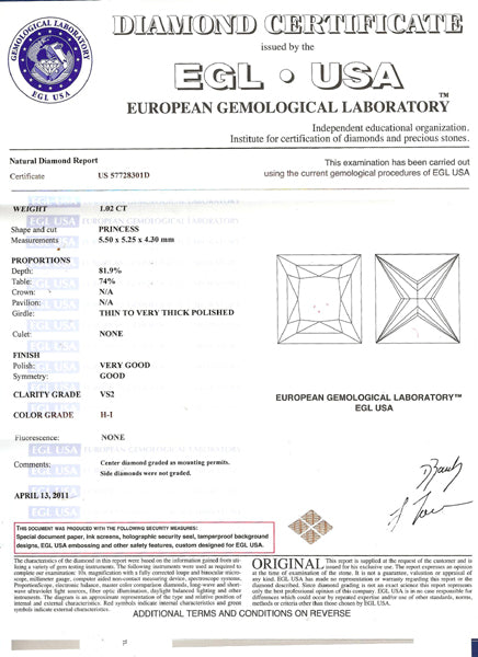 1.02ct Princess Cut Diamond Platinum Engagement Ring
