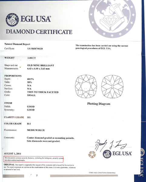 1.08ct Old Mine Cut Diamond Platinum  Engagement Ring