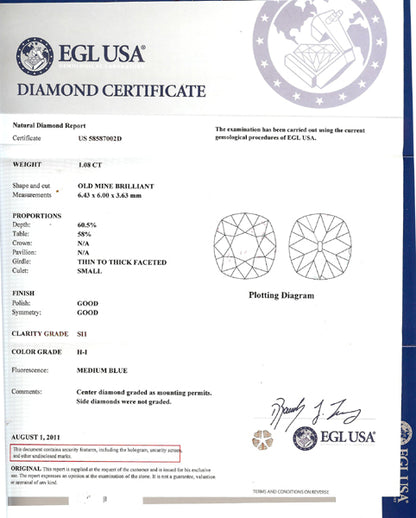 1.08ct Old Mine Cut Diamond Platinum  Engagement Ring