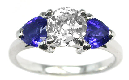 1.10ct Old Mine Diamond 1.50ct Sapphire 14k Gold Engagement Ring
