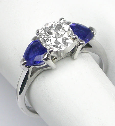 1.10ct Old Mine Diamond 1.50ct Sapphire 14k Gold Engagement Ring
