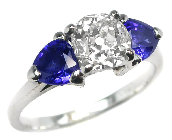 1.10ct Old Mine Diamond 1.50ct Sapphire 14k Gold Engagement Ring