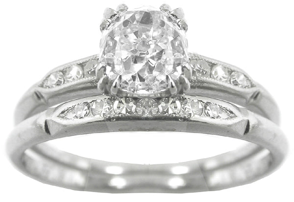 1.13ct Old Mine Cut Diamond Platinum  Engagement Ring & Diamond Wedding Band Set