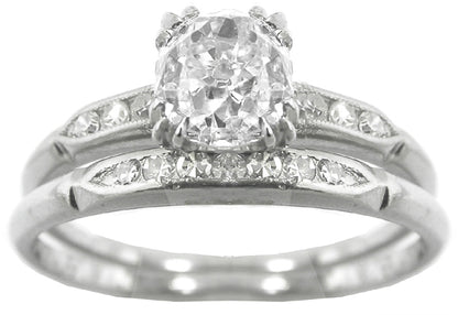 1.13ct Old Mine Cut Diamond Platinum  Engagement Ring & Diamond Wedding Band Set