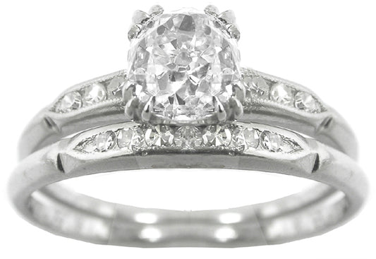 1.13ct Old Mine Cut Diamond Platinum  Engagement Ring & Diamond Wedding Band Set