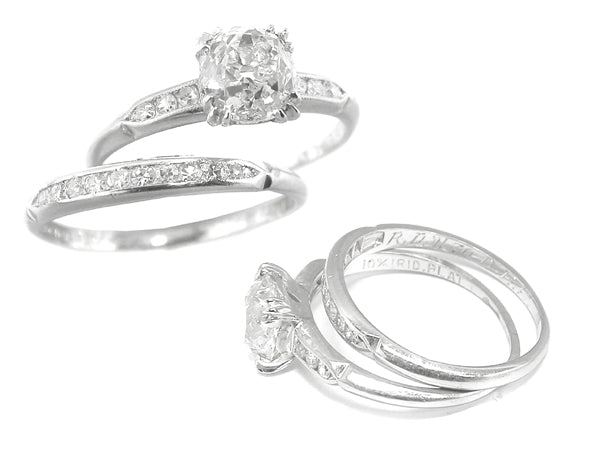 1.13ct Old Mine Cut Diamond Platinum  Engagement Ring & Diamond Wedding Band Set