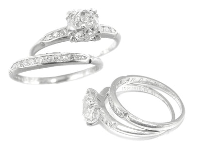 1.13ct Old Mine Cut Diamond Platinum  Engagement Ring & Diamond Wedding Band Set