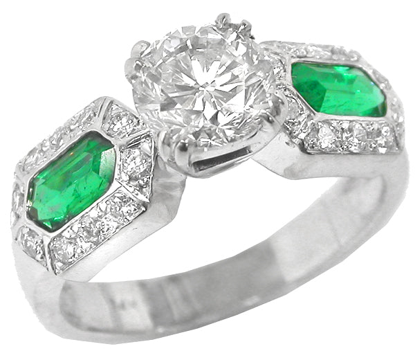 1.14ct Round Diamond Emerald 14k White Gold Engagement Ring