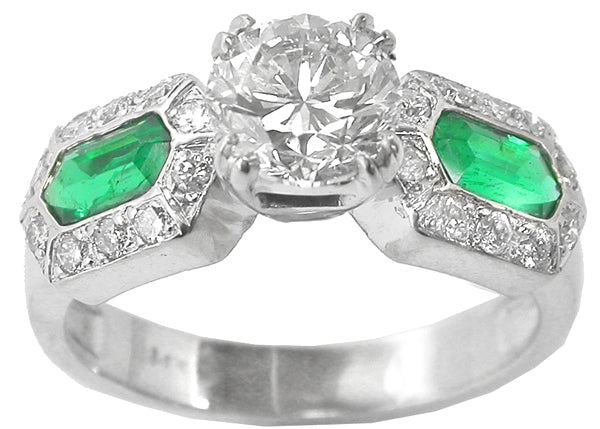 1.14ct Round Diamond Emerald 14k White Gold Engagement Ring