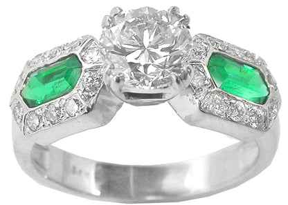 1.14ct Round Diamond Emerald 14k White Gold Engagement Ring