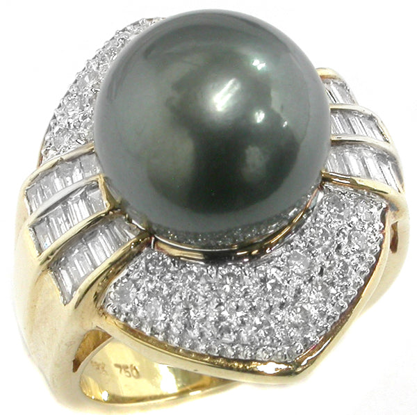 11mm Black South Sea Pearl 1ct Diamond 18k Yellow Gold Cocktail Ring