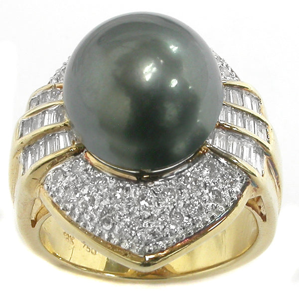11mm Black South Sea Pearl 1ct Diamond 18k Yellow Gold Cocktail Ring