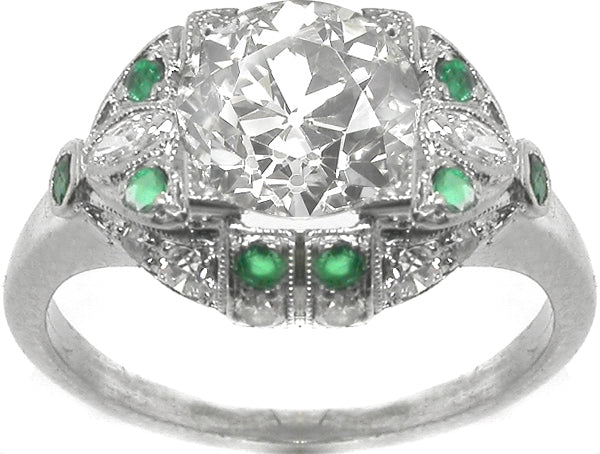 1.23ct Old European  Diamond Emerald Platinum  Engagement Ring