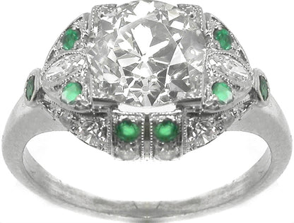 1.23ct Old European  Diamond Emerald Platinum  Engagement Ring