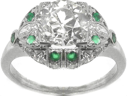 1.23ct Old European  Diamond Emerald Platinum  Engagement Ring