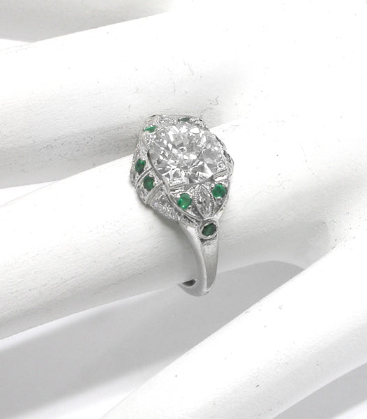 1.23ct Old European  Diamond Emerald Platinum  Engagement Ring