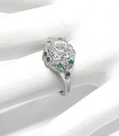 1.23ct Old European  Diamond Emerald Platinum  Engagement Ring