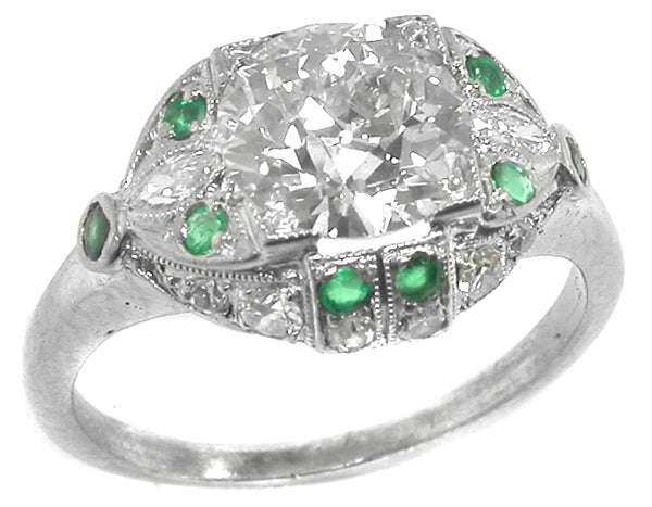 1.23ct Old European  Diamond Emerald Platinum  Engagement Ring