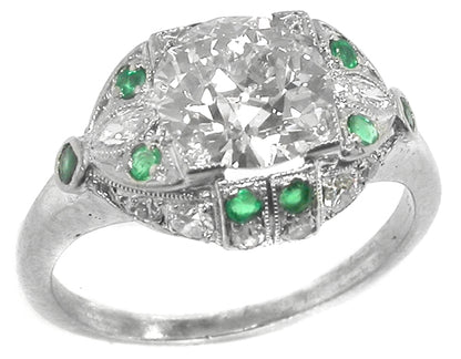 1.23ct Old European  Diamond Emerald Platinum  Engagement Ring