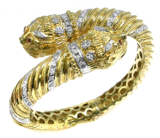 1.25ct Diamond & Ruby Twin Head Lion Bangle