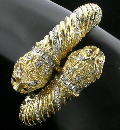 1.25ct Diamond & Ruby Twin Head Lion Bangle