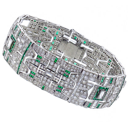 12ct Art Deco Style 18k White Gold Diamond and Emerald Bracelet