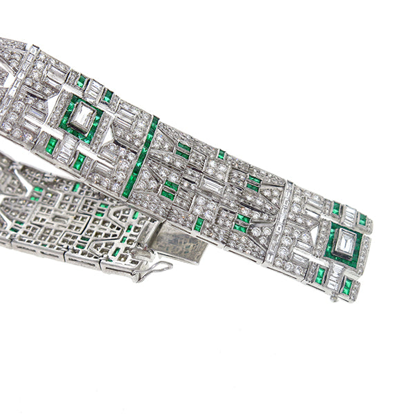 12ct Art Deco Style 18k White Gold Diamond and Emerald Bracelet