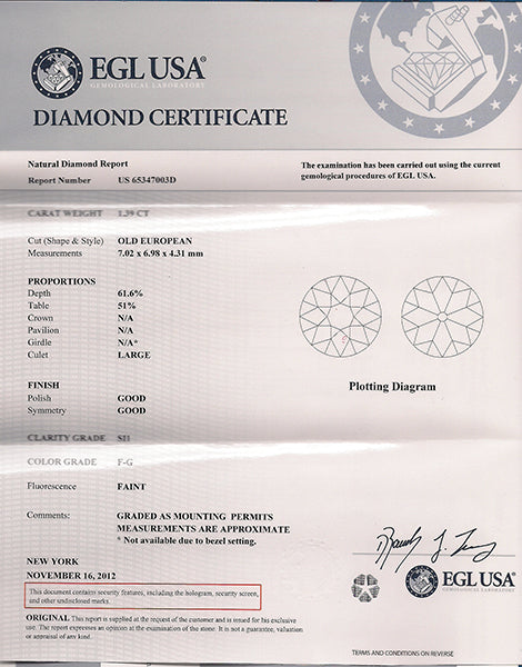 1.39ct EGL Certified F-G SI1 Diamond 14k Gold Engagement Ring