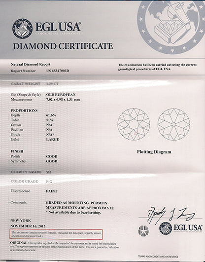 1.39ct EGL Certified F-G SI1 Diamond 14k Gold Engagement Ring