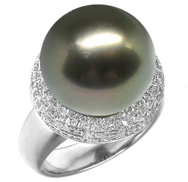 14.80mm Black South Sea  Pearl 1.50ct  Diamond 14k White Gold   Cocktail Ring