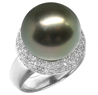 14.80mm Black South Sea  Pearl 1.50ct  Diamond 14k White Gold   Cocktail Ring