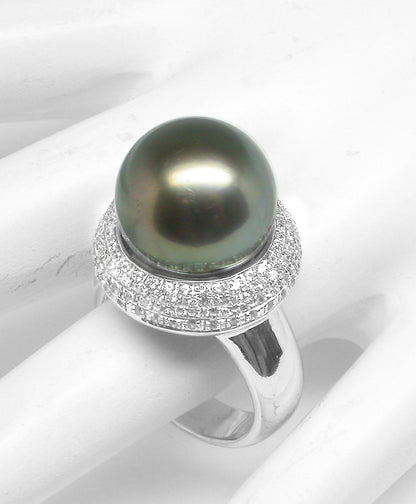 14.80mm Black South Sea  Pearl 1.50ct  Diamond 14k White Gold   Cocktail Ring