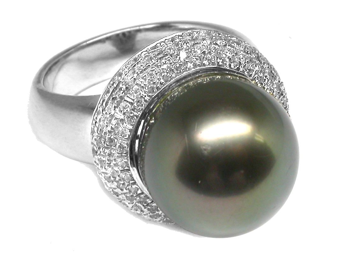 14.80mm Black South Sea  Pearl 1.50ct  Diamond 14k White Gold   Cocktail Ring