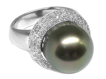 14.80mm Black South Sea  Pearl 1.50ct  Diamond 14k White Gold   Cocktail Ring
