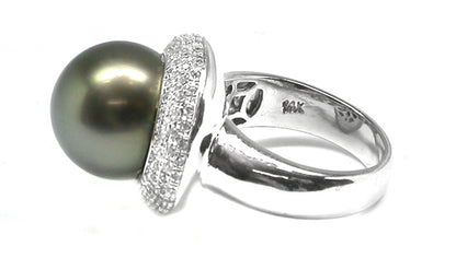 14.80mm Black South Sea  Pearl 1.50ct  Diamond 14k White Gold   Cocktail Ring