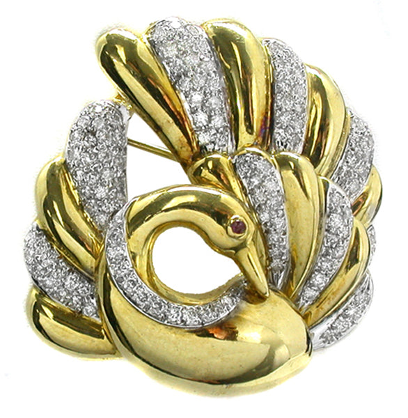 1.49ct Diamond Ruby Gold Swan Pin/ Pendant