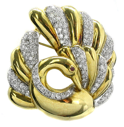 1.49ct Diamond Ruby Gold Swan Pin/ Pendant
