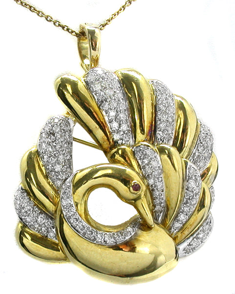1.49ct Diamond Ruby Gold Swan Pin/ Pendant