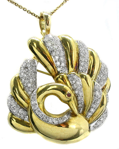 1.49ct Diamond Ruby Gold Swan Pin/ Pendant