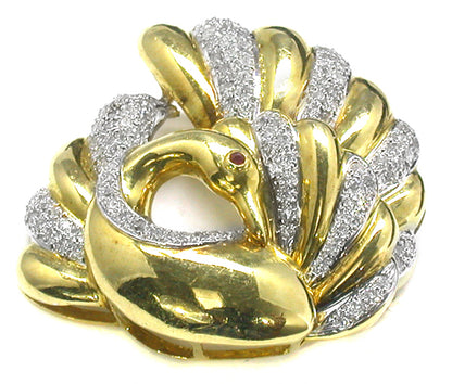 1.49ct Diamond Ruby Gold Swan Pin/ Pendant