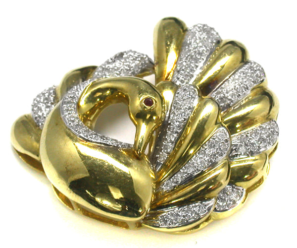 1.49ct Diamond Ruby Gold Swan Pin/ Pendant