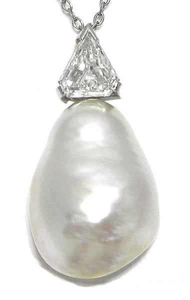 14k Gold Trilliant Diamond Baroque Pearl  Pendant Necklace