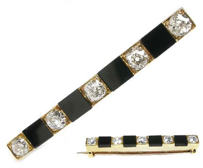 14k Victorian Yellow Gold Onyx and Diamond Pin