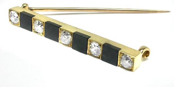 14k Victorian Yellow Gold Onyx and Diamond Pin