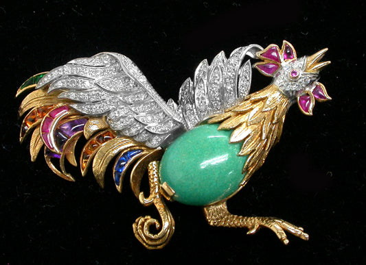 14k Yellow Gold 0.75ct Diamond Multi Color Stone Turquoise Cock Pin