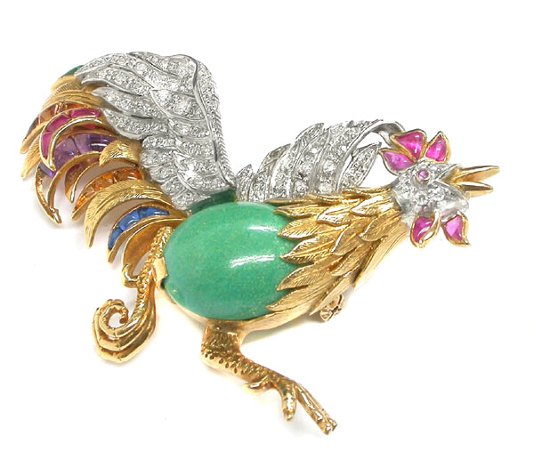 14k Yellow Gold 0.75ct Diamond Multi Color Stone Turquoise Cock Pin